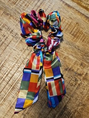 Upcycled Twilly Ribbon Scrunchie Rainbow geometric